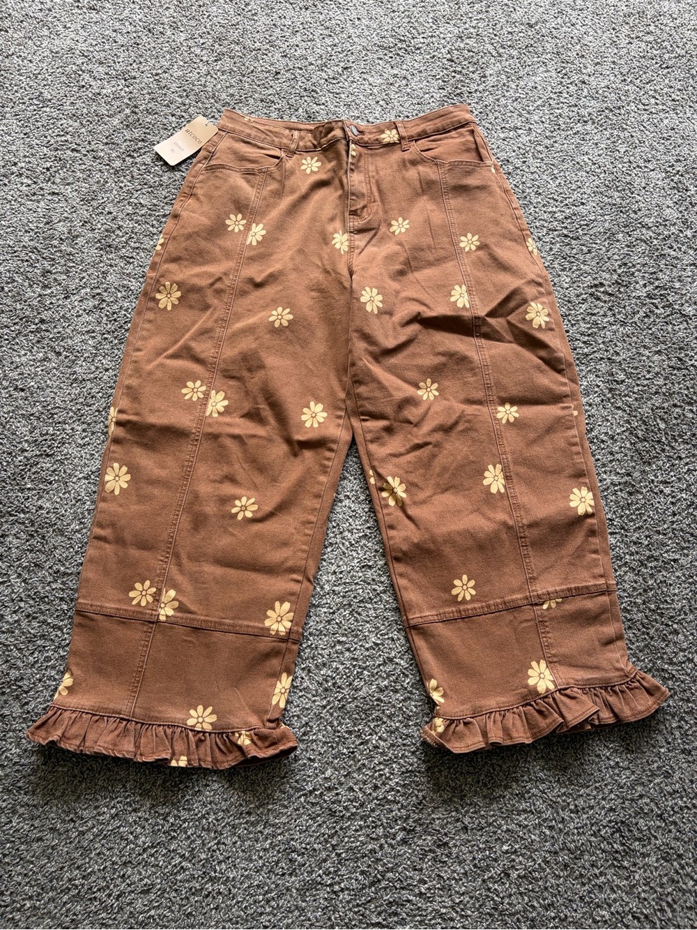 Wide Leg Brown Floral Ruffle-Hem Pants